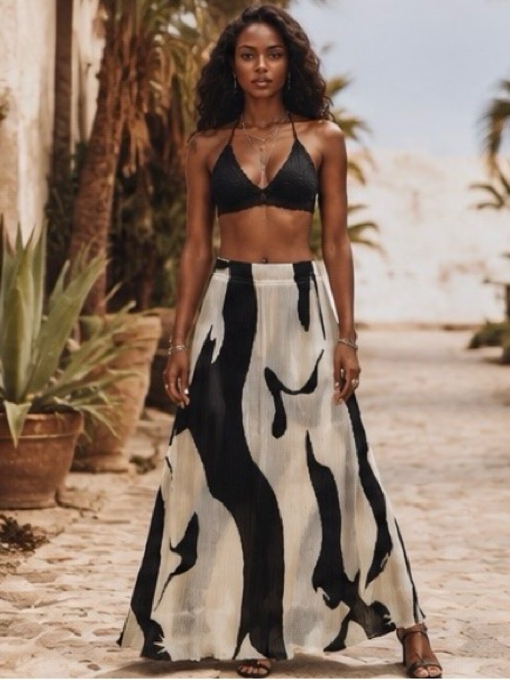 Endless Moon NWT Pleated Texture Maxi Skirt Black & Ivory Abstract Print